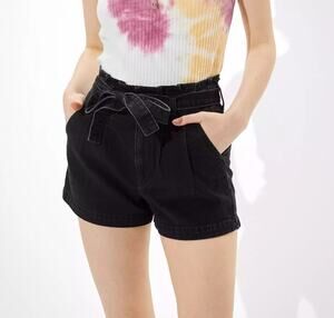 American Eagle Paperbag Denim Mom Shorts Onyx Black Highest Rise